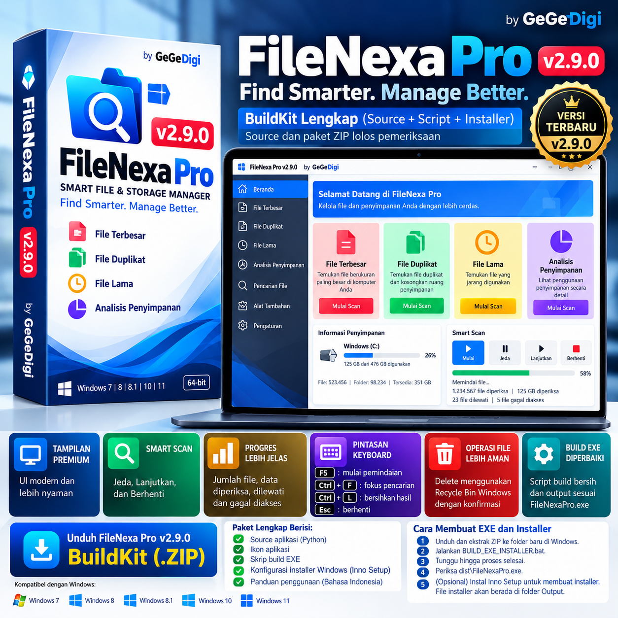 FileNexa Pro v2.9.0 – Smart File & Storage Manager Windows | Smart Scan, Deteksi File Duplikat & BuildKit ZIP by GeGeDigi