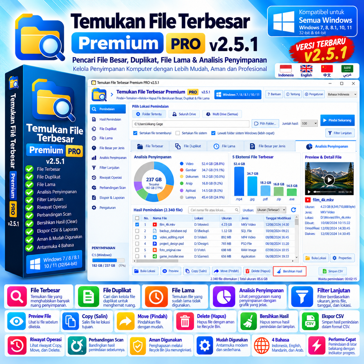 Temukan File Terbesar Premium PRO v2.5.1 – Pencari File Besar, Duplikat, File Lama & Clear Scan Windows