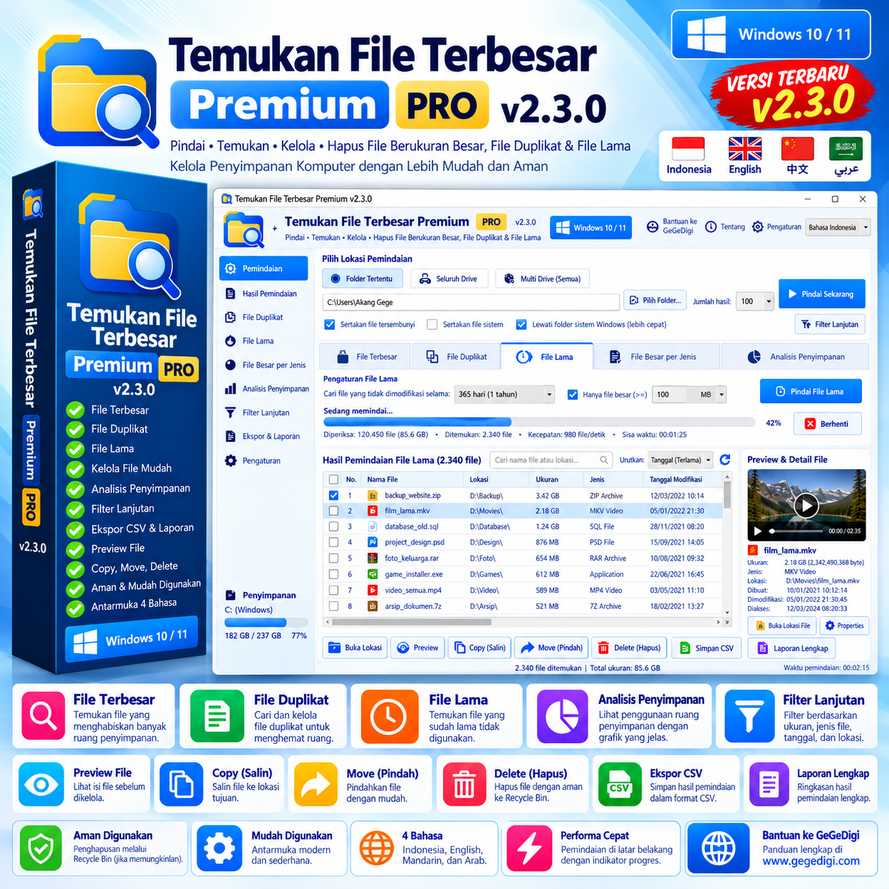 Temukan File Terbesar Premium PRO v2.3.0 – Pencari File Besar, Duplikat & File Lama untuk Windows
