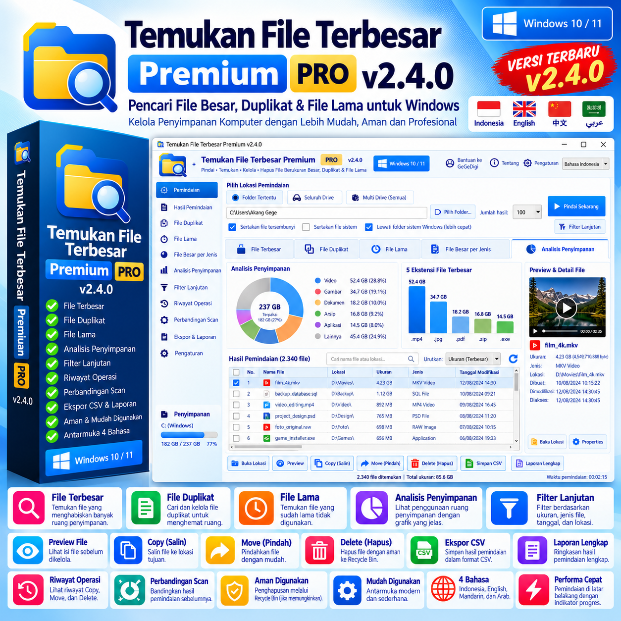 Temukan File Terbesar Premium PRO v2.4.0 – Pencari File Besar, Duplikat, File Lama & Analisis Penyimpanan Windows