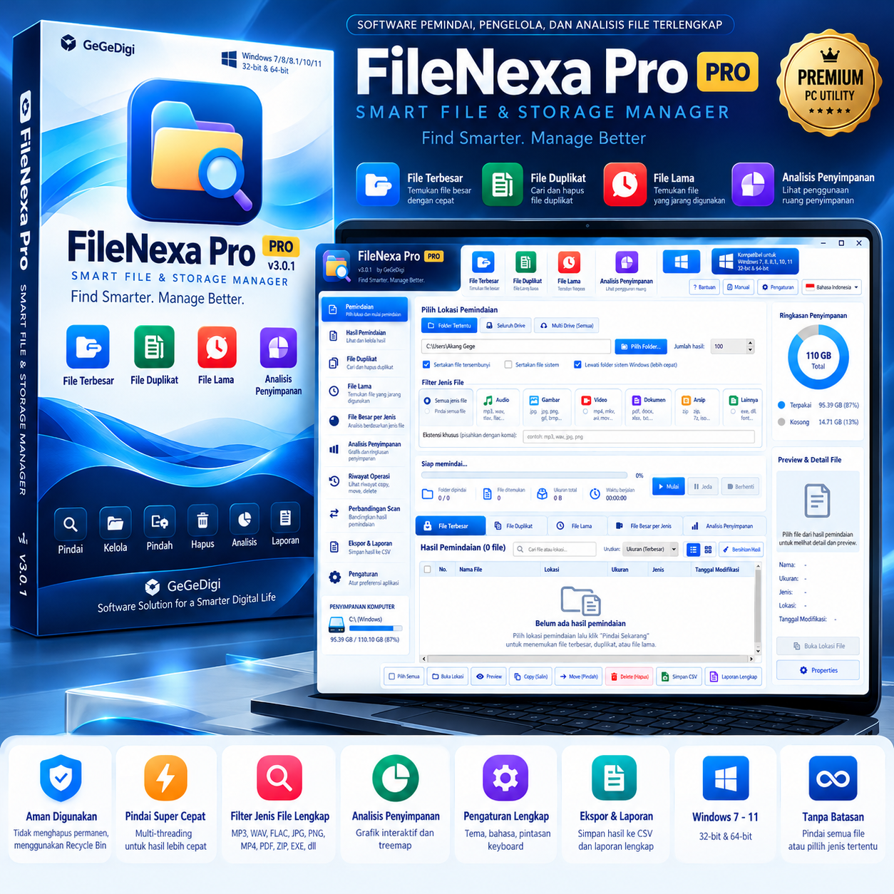 FileNexa Pro v3.0.1 – Software Pencari File Besar, Duplikat, File Lama & Filter MP3, JPG, MP4, PDF untuk Windows