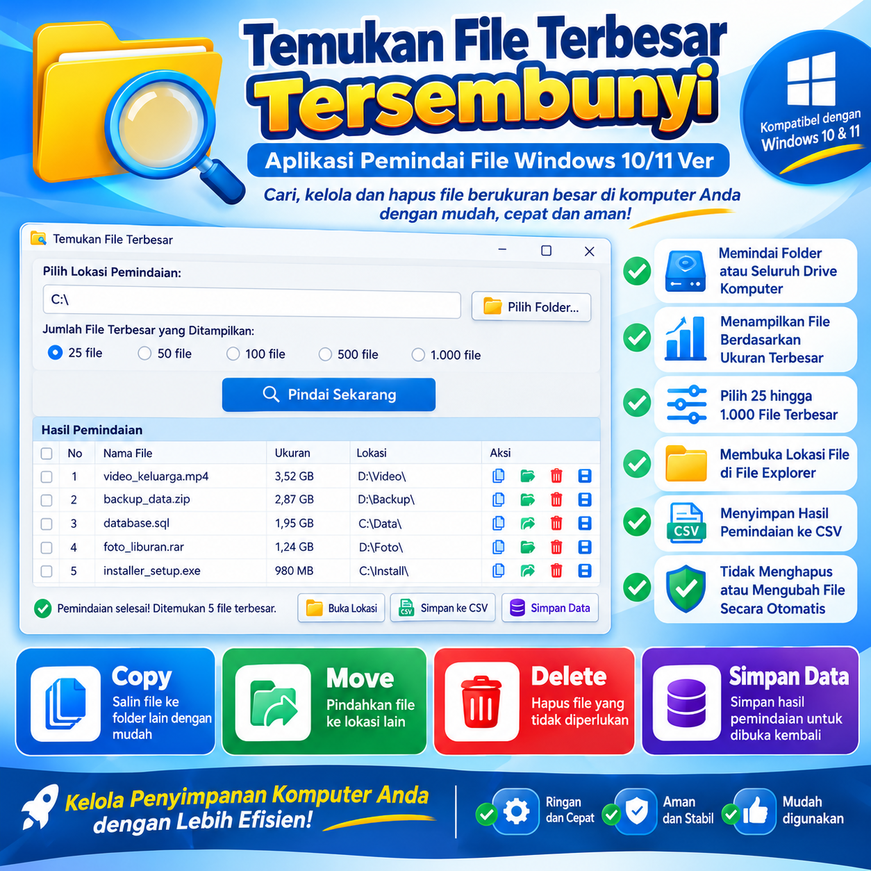 Temukan File Terbesar Tersembunyi — Aplikasi Pemindai File Windows 10/11 Ver